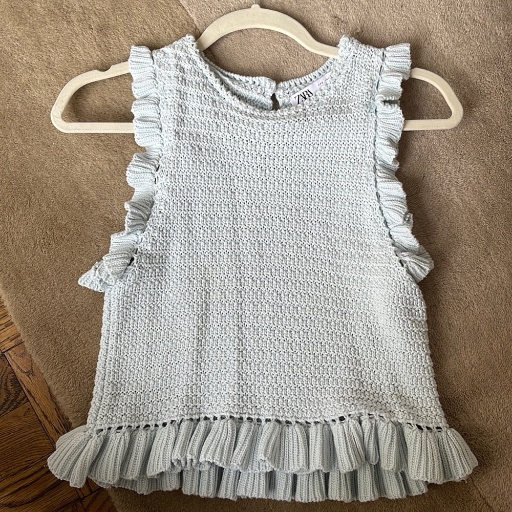 Zara Blue Knit Ruffle Sleeve Crop Top